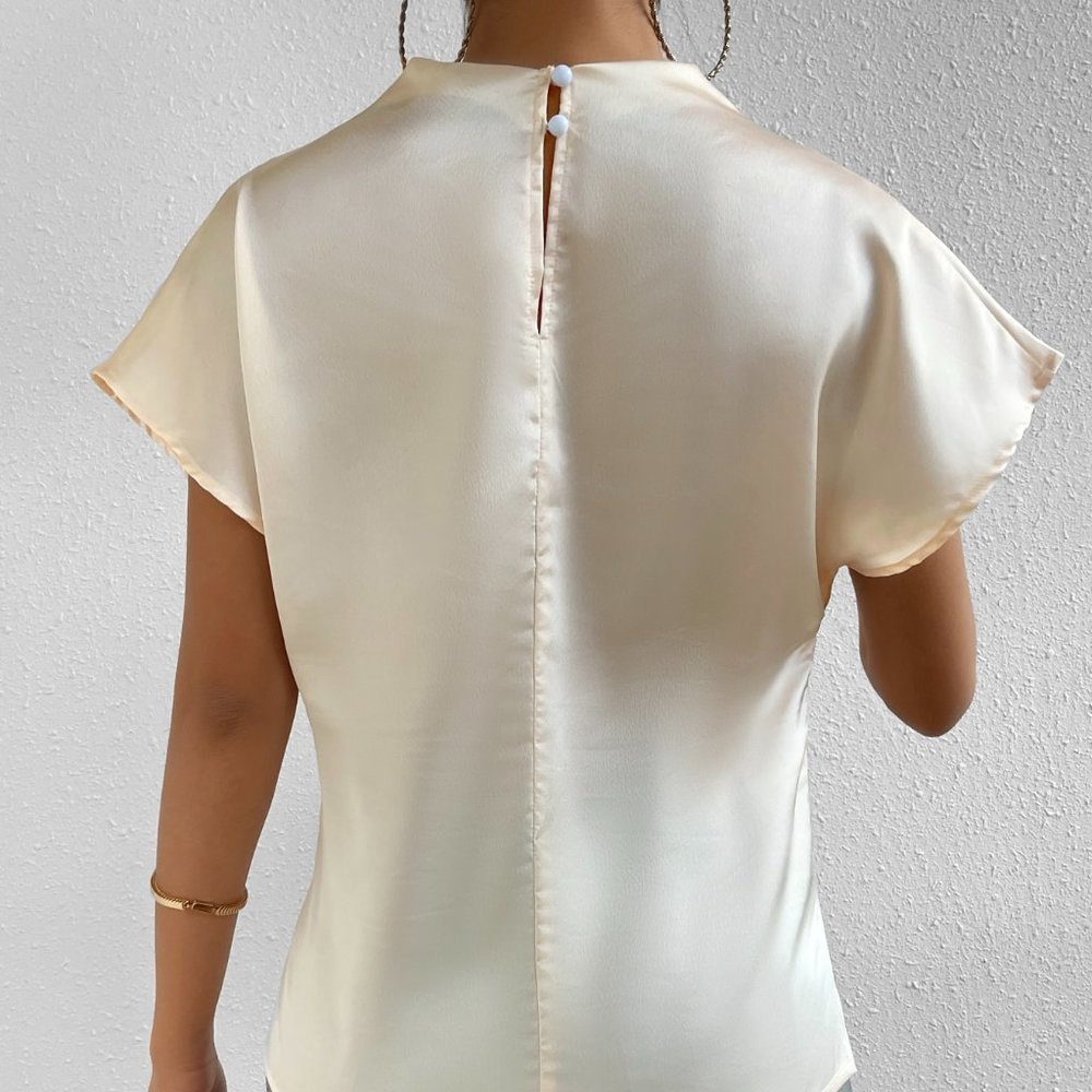 Apricot Casual Womens Mock Neck Batwing Sleeve Satin Blouse - Picture 2 of 5